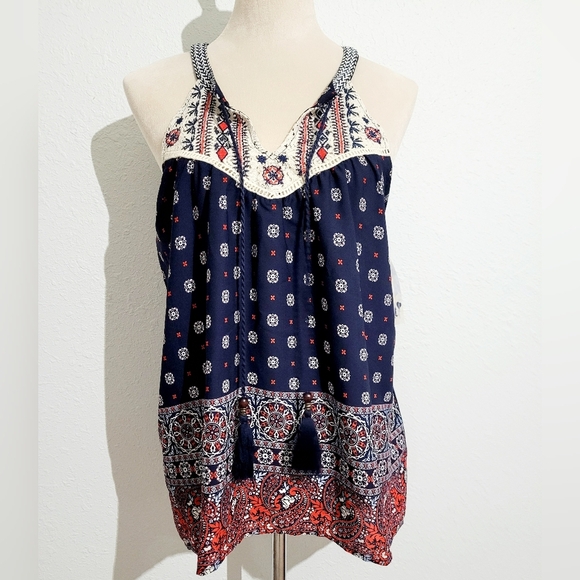 Jolt Tops - NEW Jolt Tassel Crochet Accent Tank Top Geometric Paisley Print Womans Size M